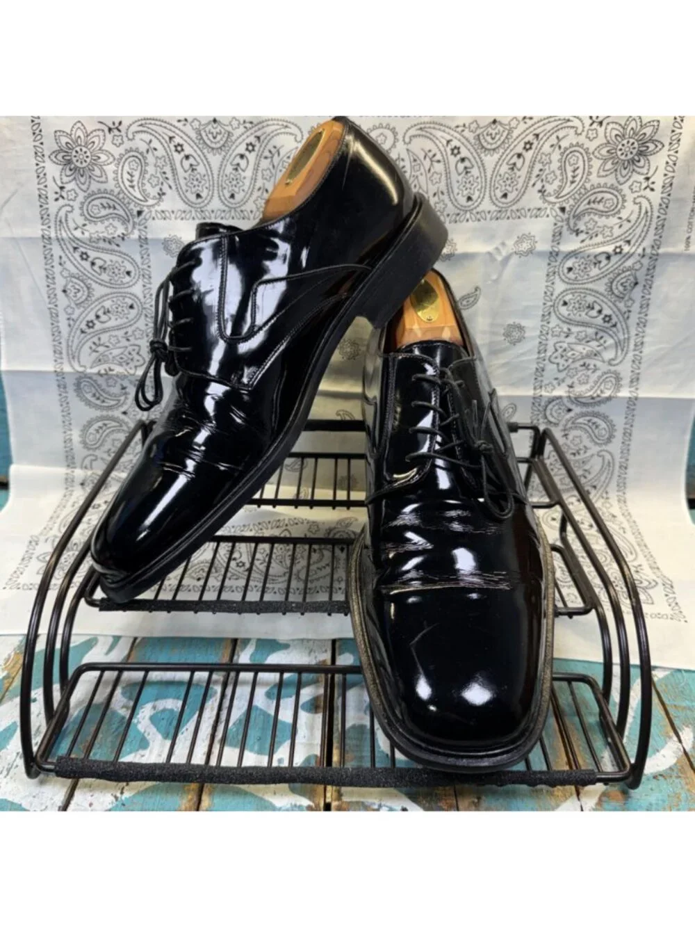 Johnston & Murphy Black Oxford Pat Leather Square Toe 15-1501Men 11.5 ITALY MADE